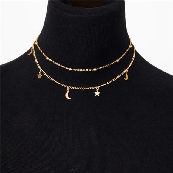 Layered Gold Choker Necklace | Moon & Star Charm | Beaded Chain Jewelry - Picture 1 of 4